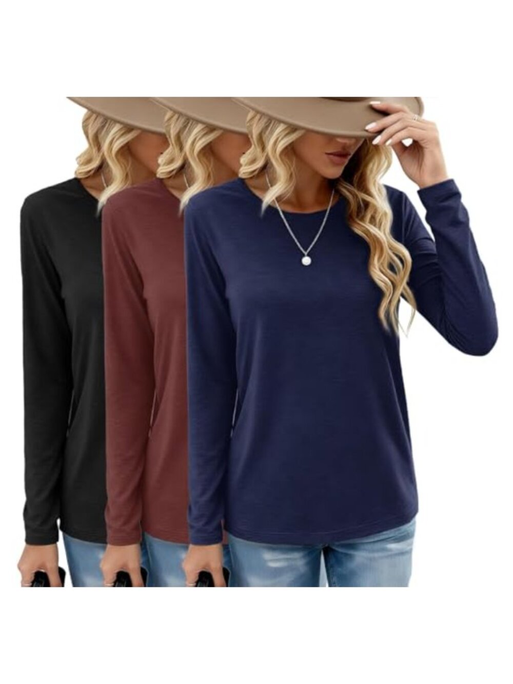 3 Pack Women's Long Sleeve Crew Neck Loose Fit T-Shirts Lightweight Stretch